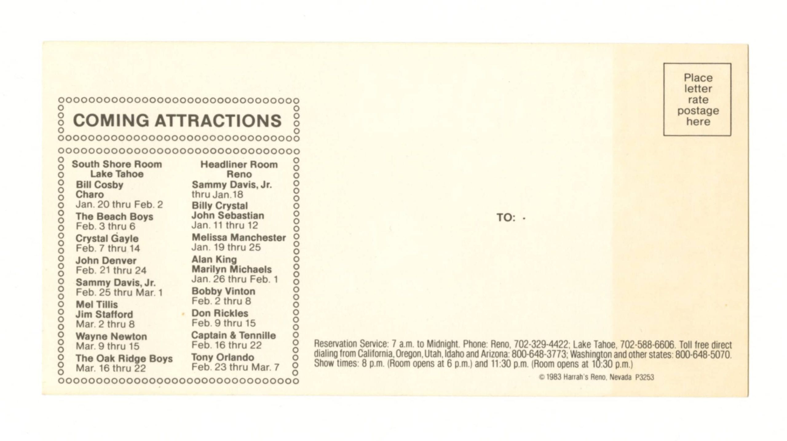 Waylon Jennings Jessie Colter Postcard 1984 Jan 19 Harrah's Lake Tahoe