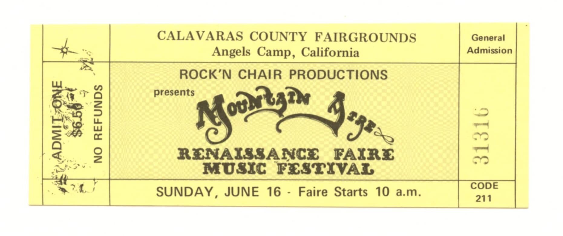 Mountain Aire 1st Festival Vintage Ticket 1974 Jun 16 Dave Mason Elvin Bishop