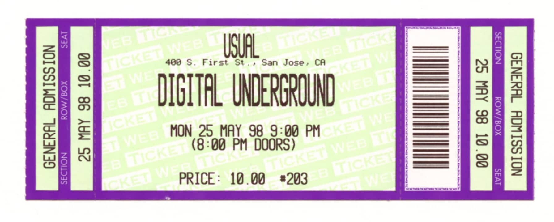 Digital Underground Vintage Ticket Stub 1998 May 25 The Usual San Jose