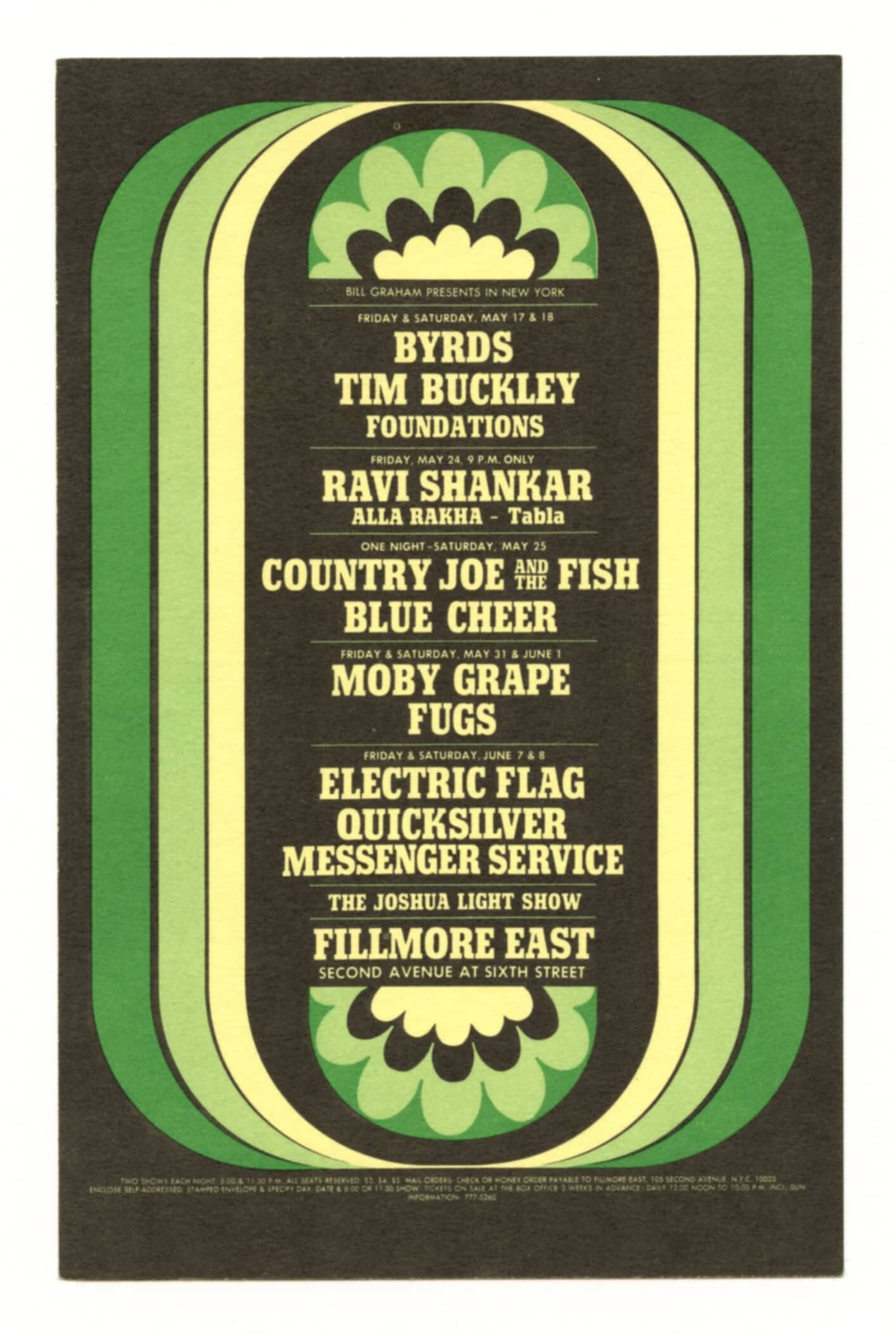 Bill Graham Fillmore East Postcard 1968 May June Concerts Byrds Ravi Shanker Quicksilver 