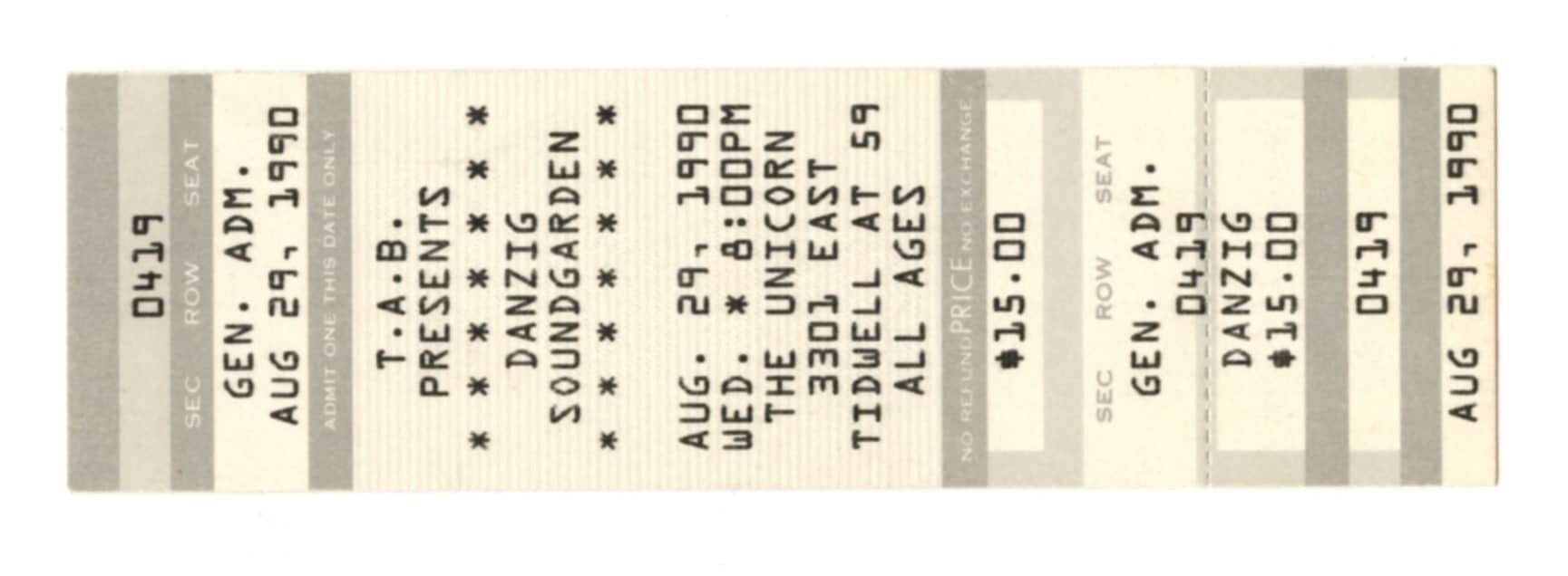 Danzig Soundgarden Ticket Vintage 1990 Aug 29 The Unicorn Houston