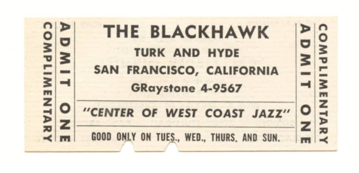 The Black Hawk Jazz Club Ticket Vintage Stub 1959 Cal Tjader Max Roach