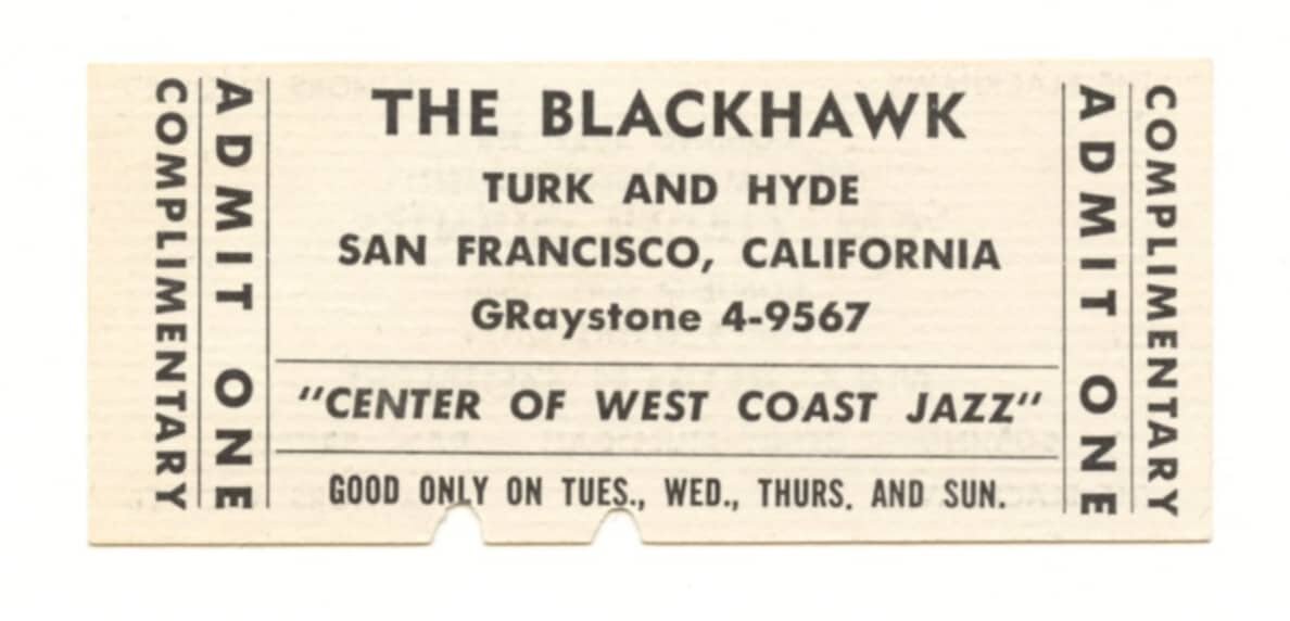 The Black Hawk Jazz Club Vintage Ticket Stub 1959 Cal Tjader Max Roach