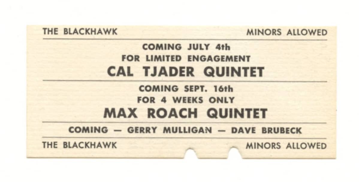 The Black Hawk Jazz Club Vintage Ticket Stub 1959 Cal Tjader Max Roach