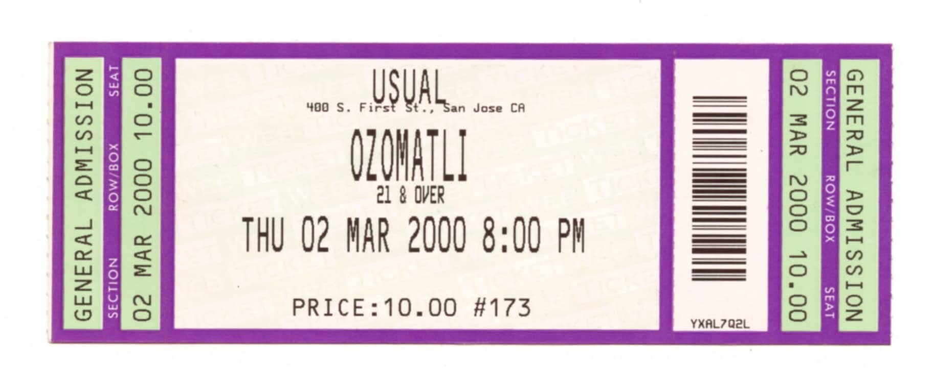 Ozomatli Vintage Ticket Stub 2000 Mar 2 The Usual San Jose