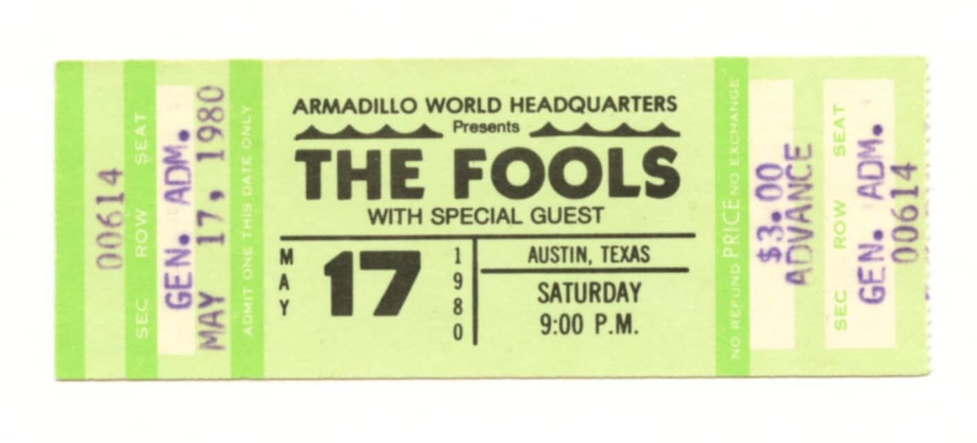 The Fools Vintage Ticket Stub 1980 May 17 Austin TX 