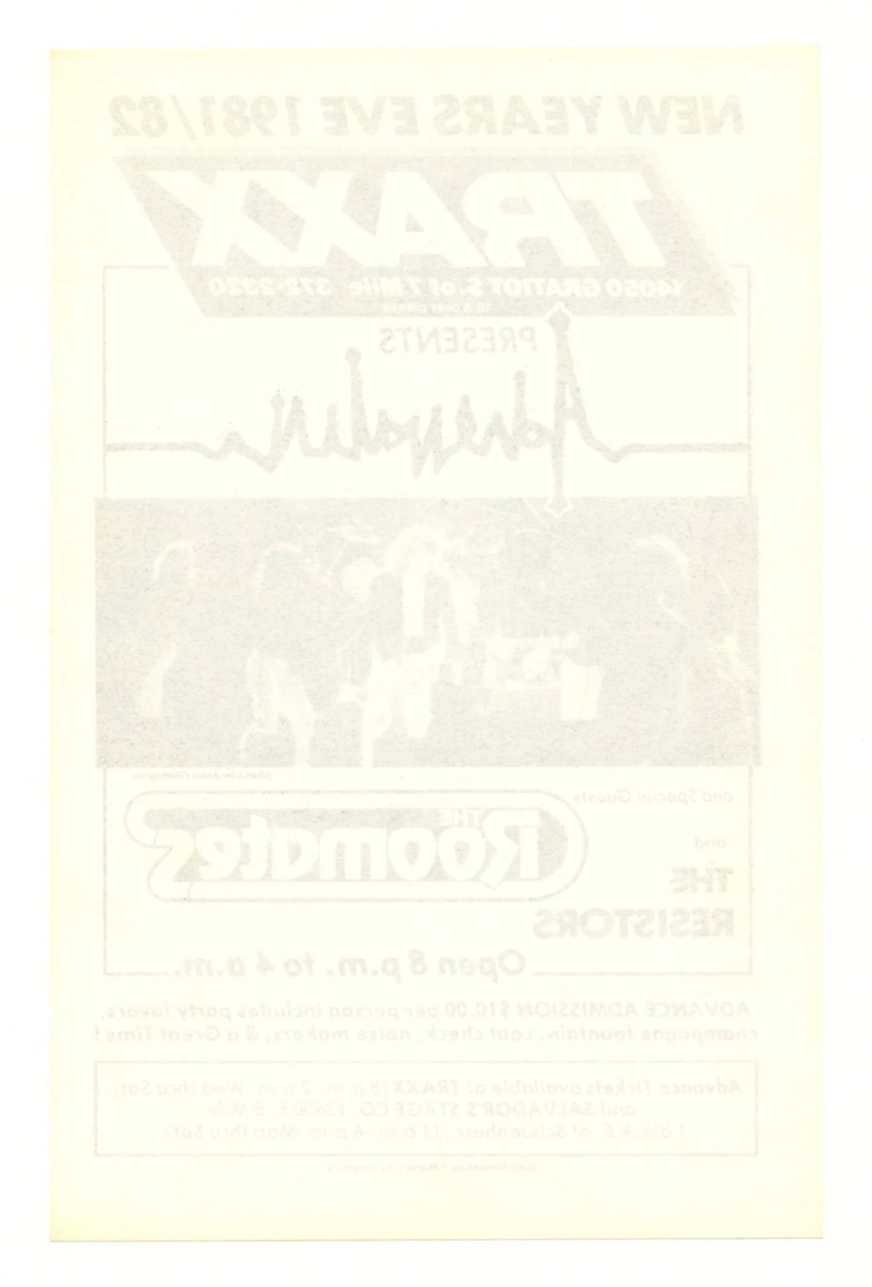 TRAXX Handbill 1981 Dec 31 Adrenalin The Roomates Gary Grimshaw