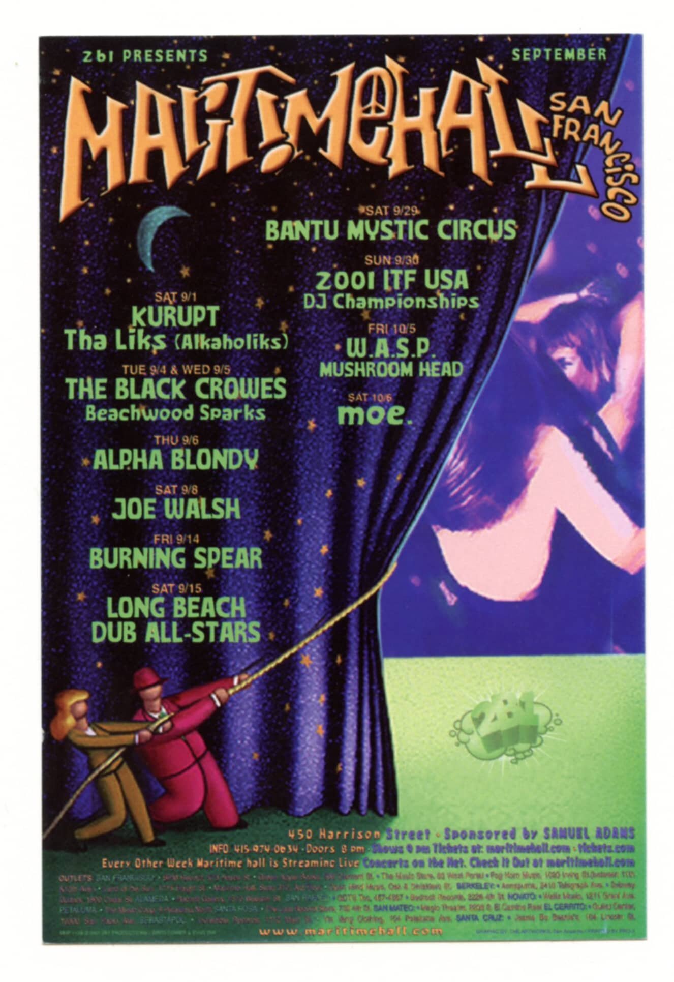 Maritime Hall 2001 Sep Handbill Joe Walsh Black Crowes Burning Spear