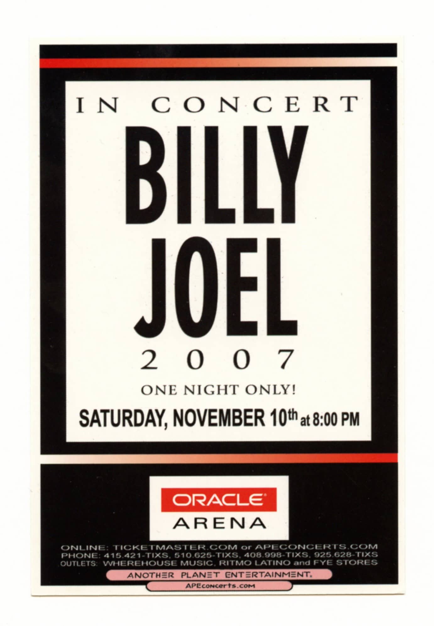Billy Joel Handbill 2007 Nov 14 Oracle Arena Oakland