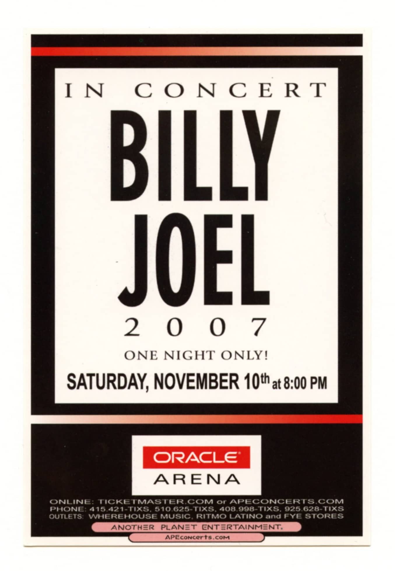 Billy Joel Handbill 2007 Nov 14 Oracle Arena Oakland