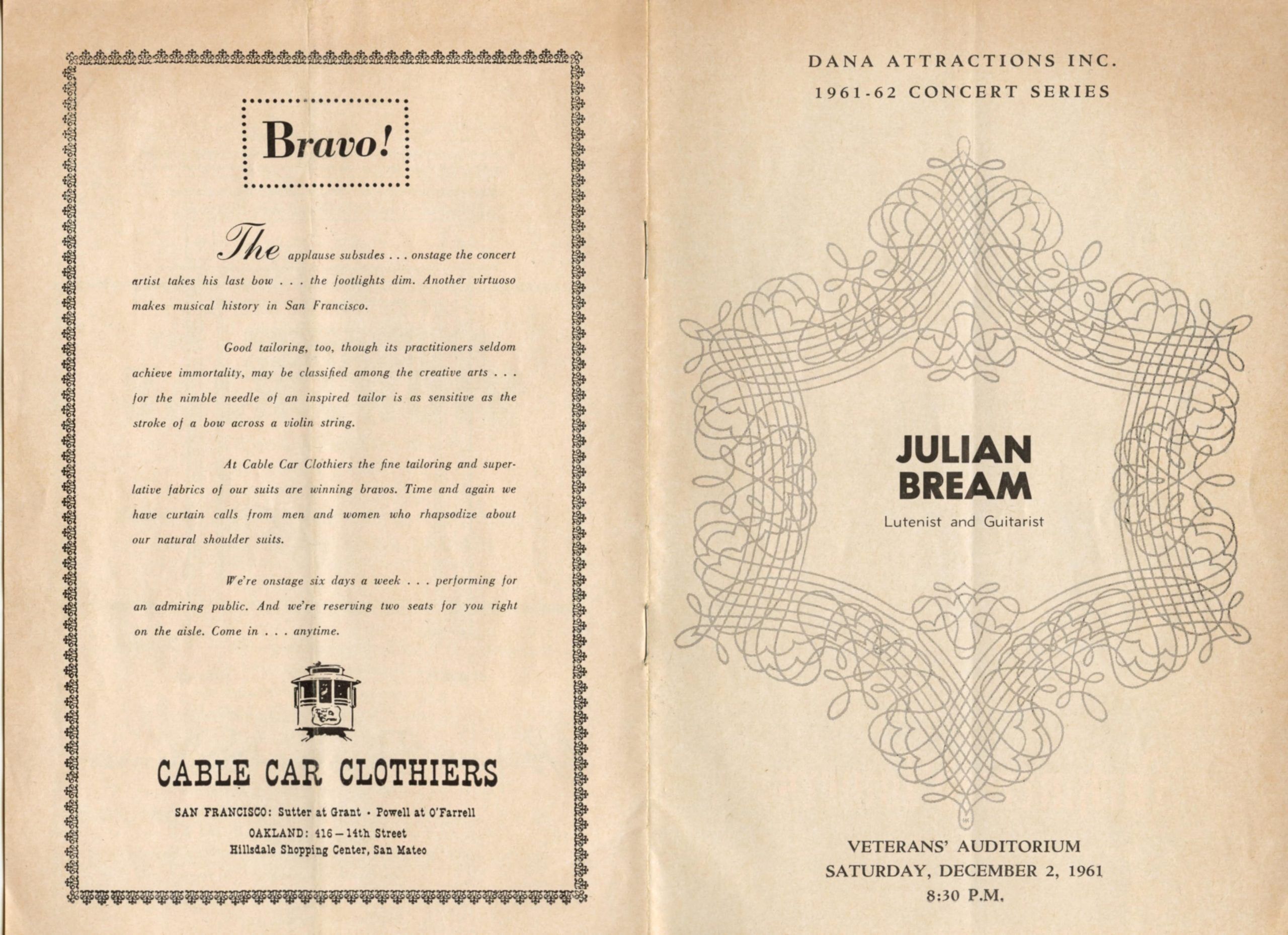 Julian Bream Veterans' Auditorium Program 1961 San Francisco