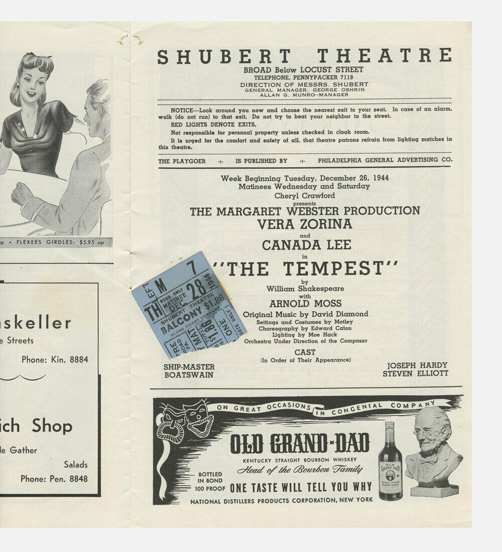 The Tempest Shubert Theatre Playbill Ticket stub 1944 Vera Zorina Canada Lee