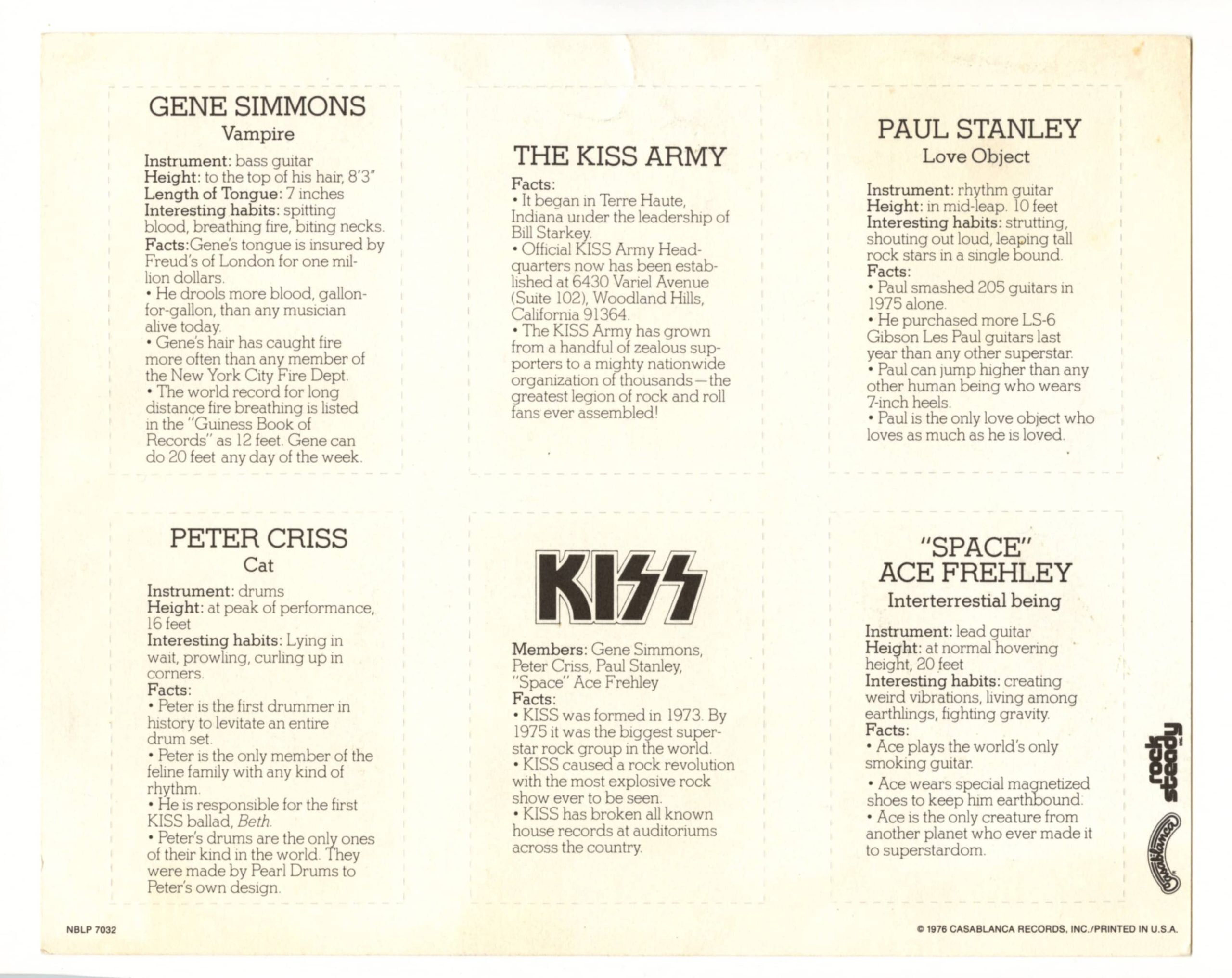 Kiss Card Sheet from Limited Edition 1976 Kiss 3 LP Set Original Inserts