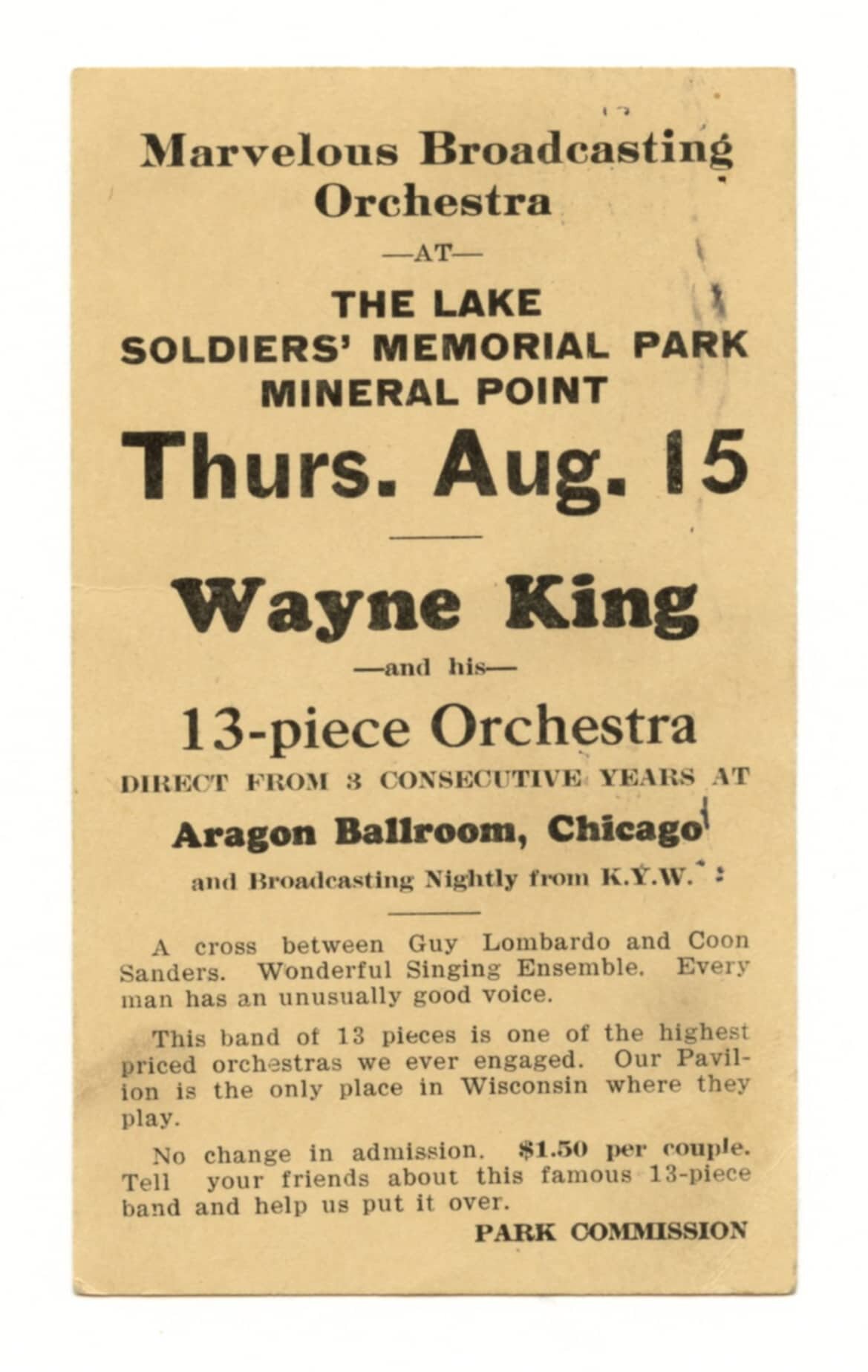 Wayne King Concert Promotion Mineral Point 1929 Postmark Vintage Postcard 