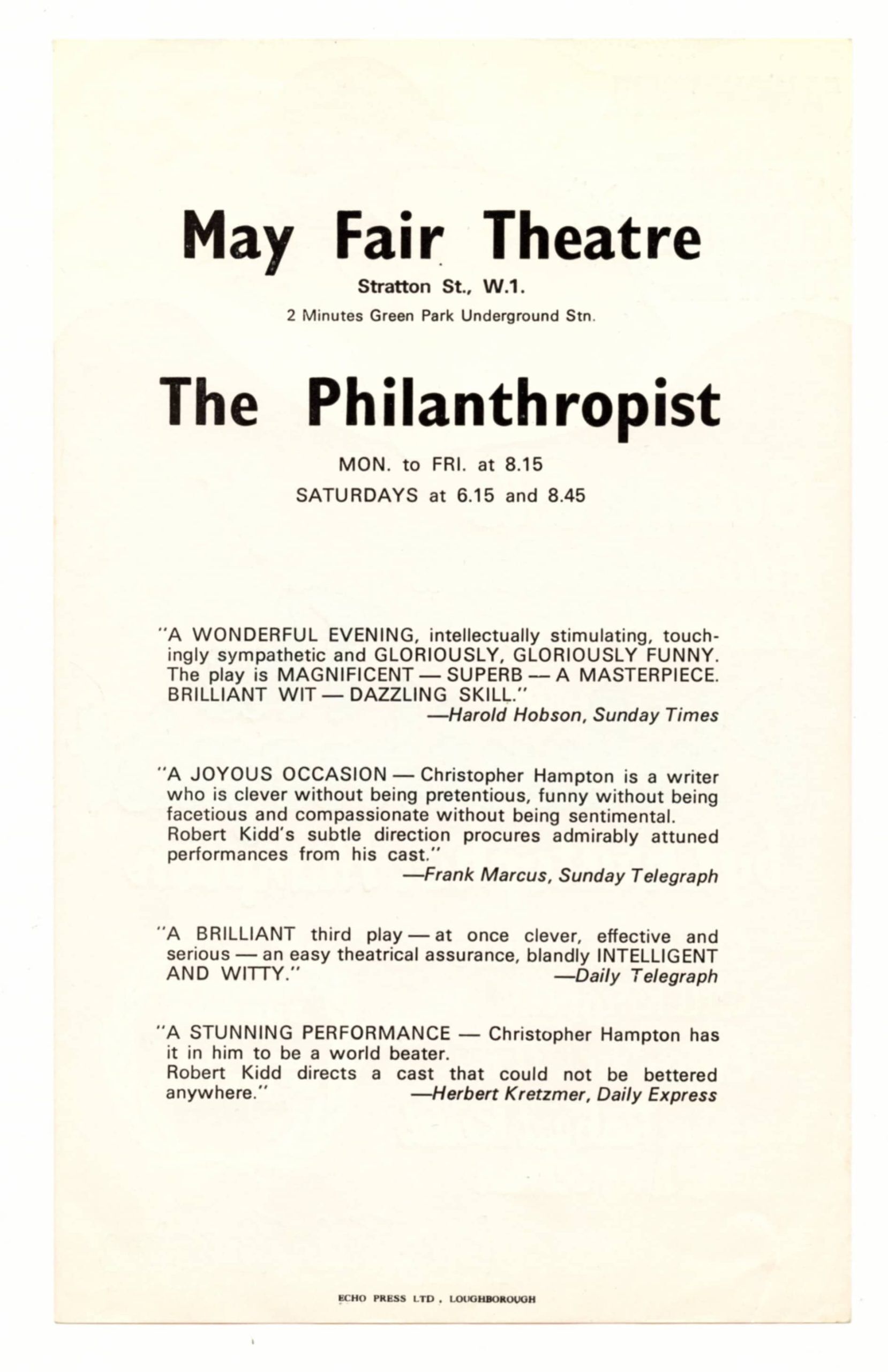 The Philanthropist Handbill 1970 Mayfair Theatre London George Cole Edward de Souza Deborah Norton