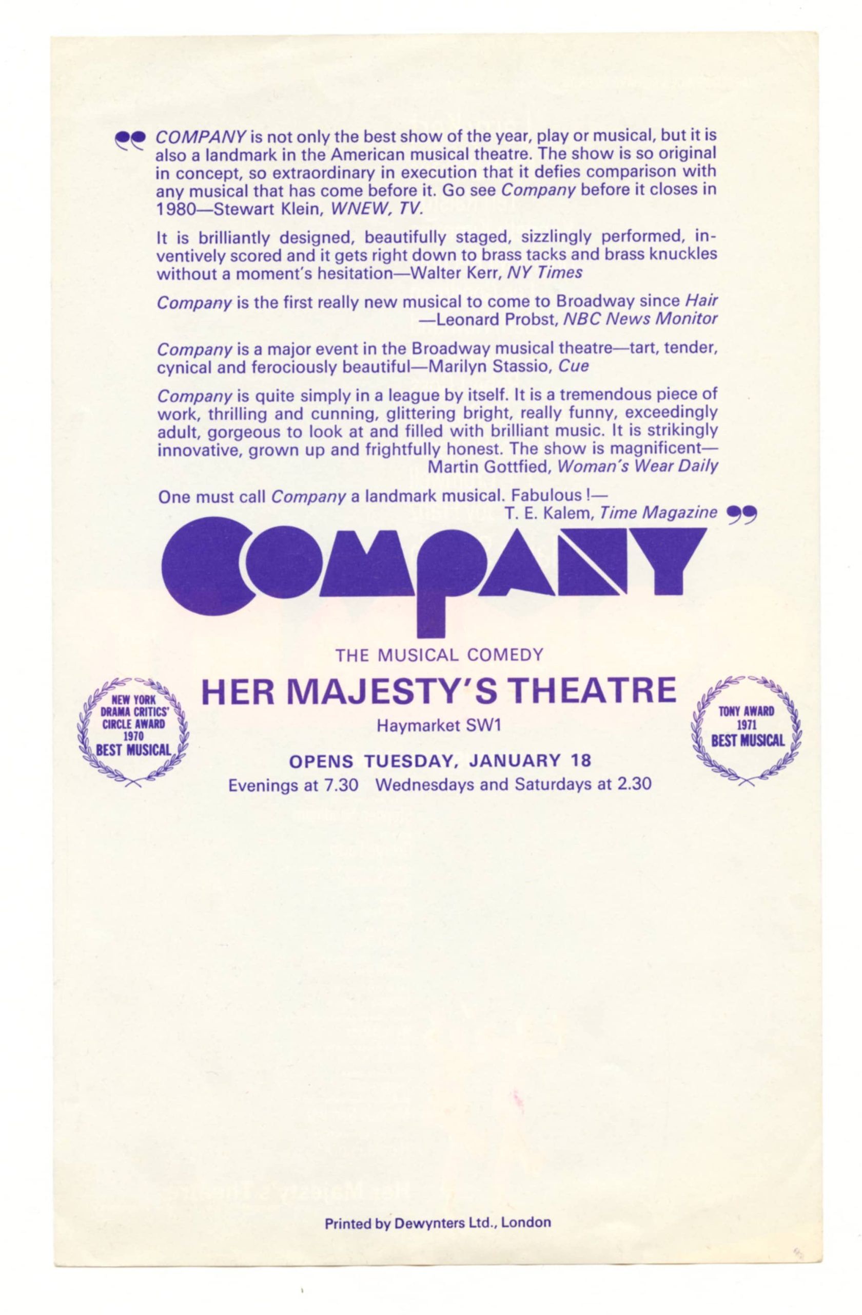 Musical Comedy Company Handbill 1972 Her Majesty's Theatre London