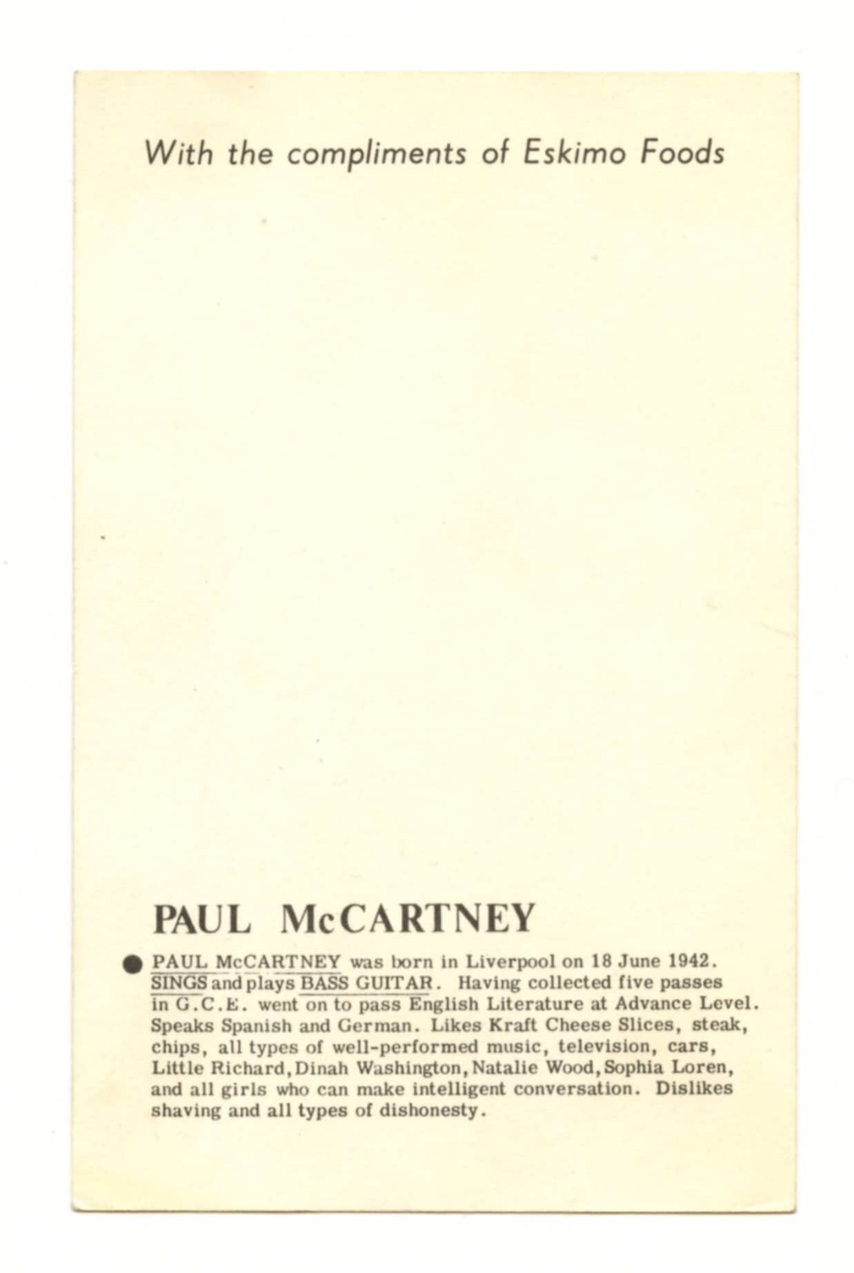 Paul McCartney Eskimo Foods Compliments Postcard 1960s