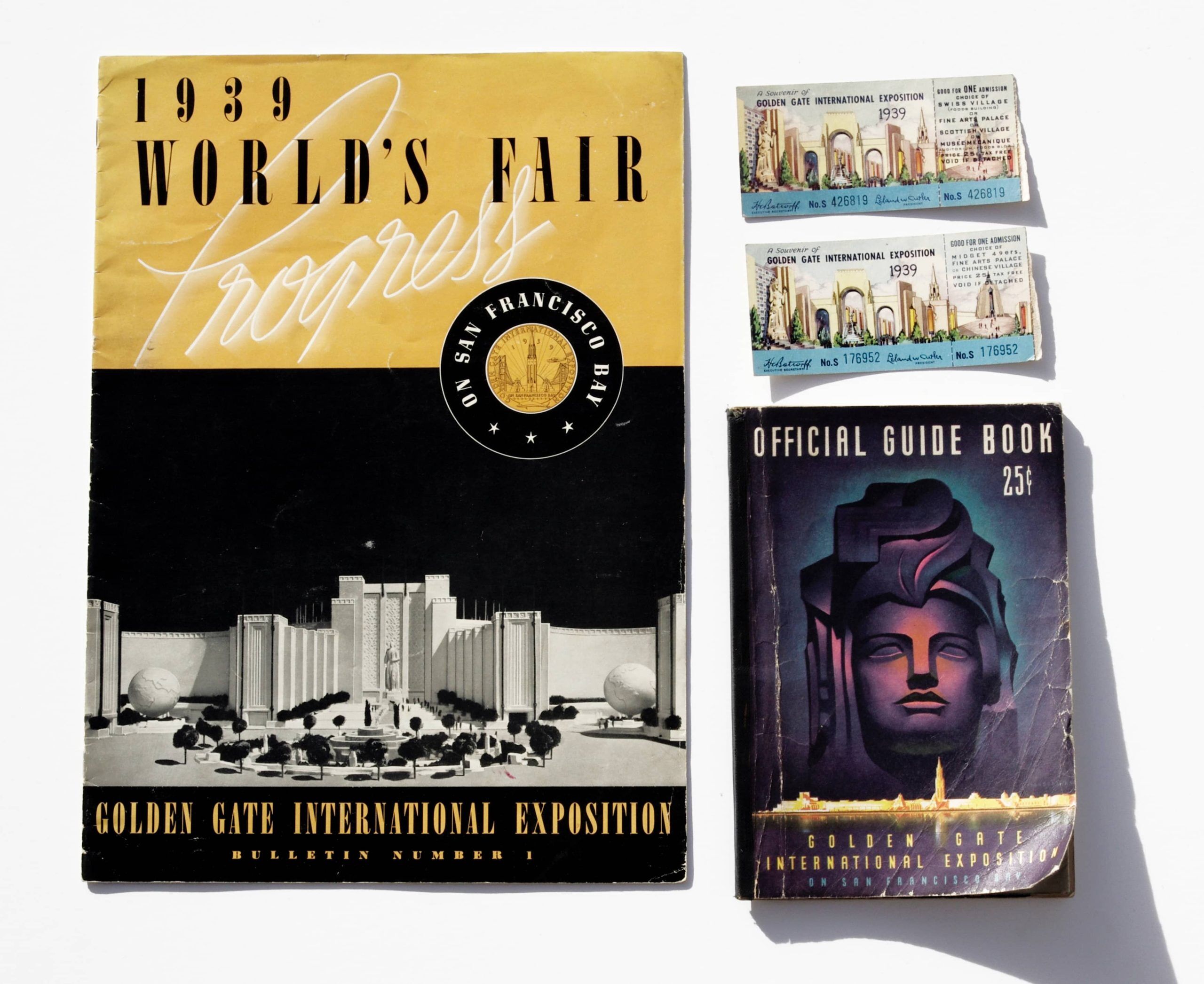 1939 World's Fair Golden Gate International Exposition Guide Book Ticket Stub Bulletin Set