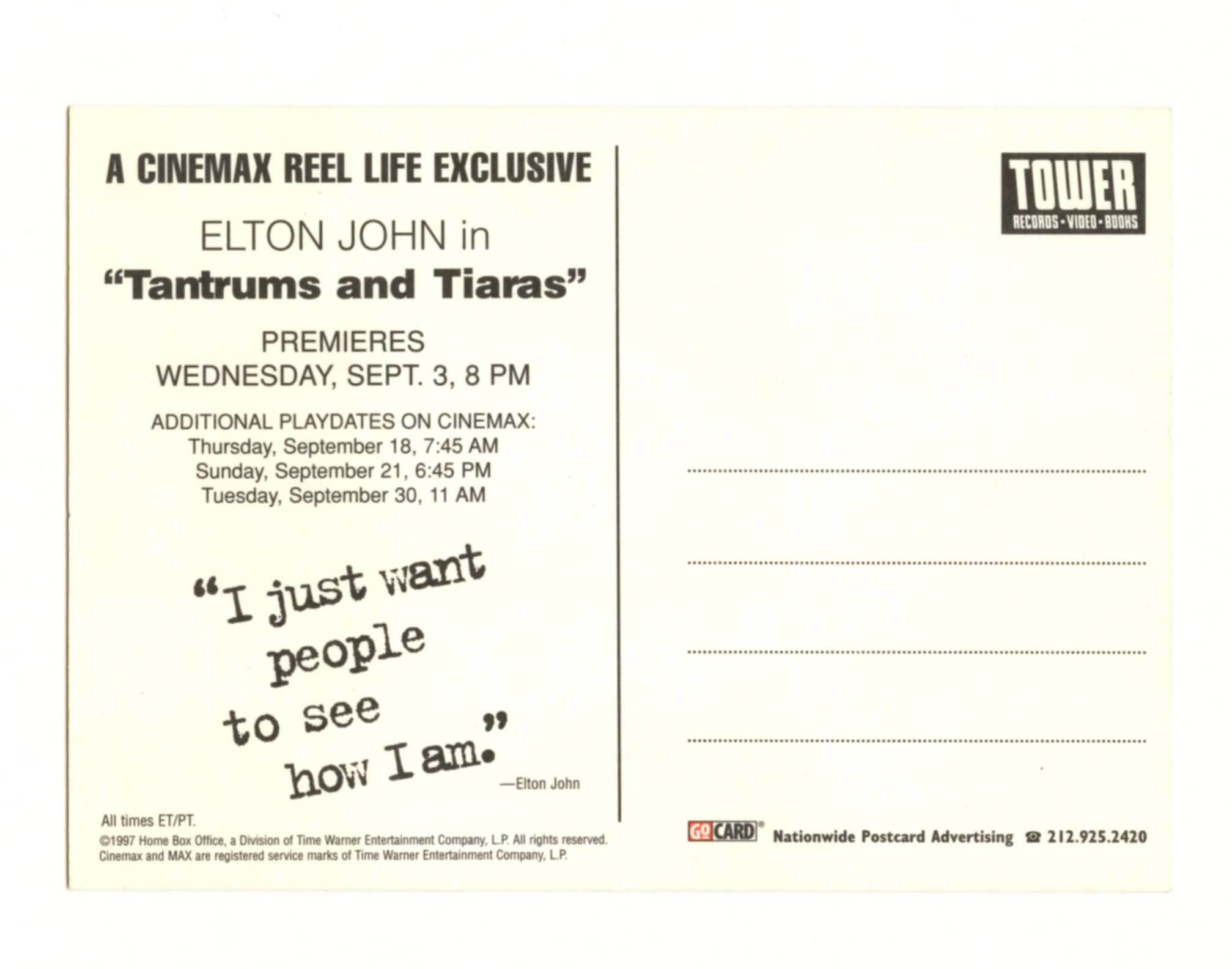 Elton John Postcard Tantrums and Tiaras 1997 Cinemax Premiers Time and Warner