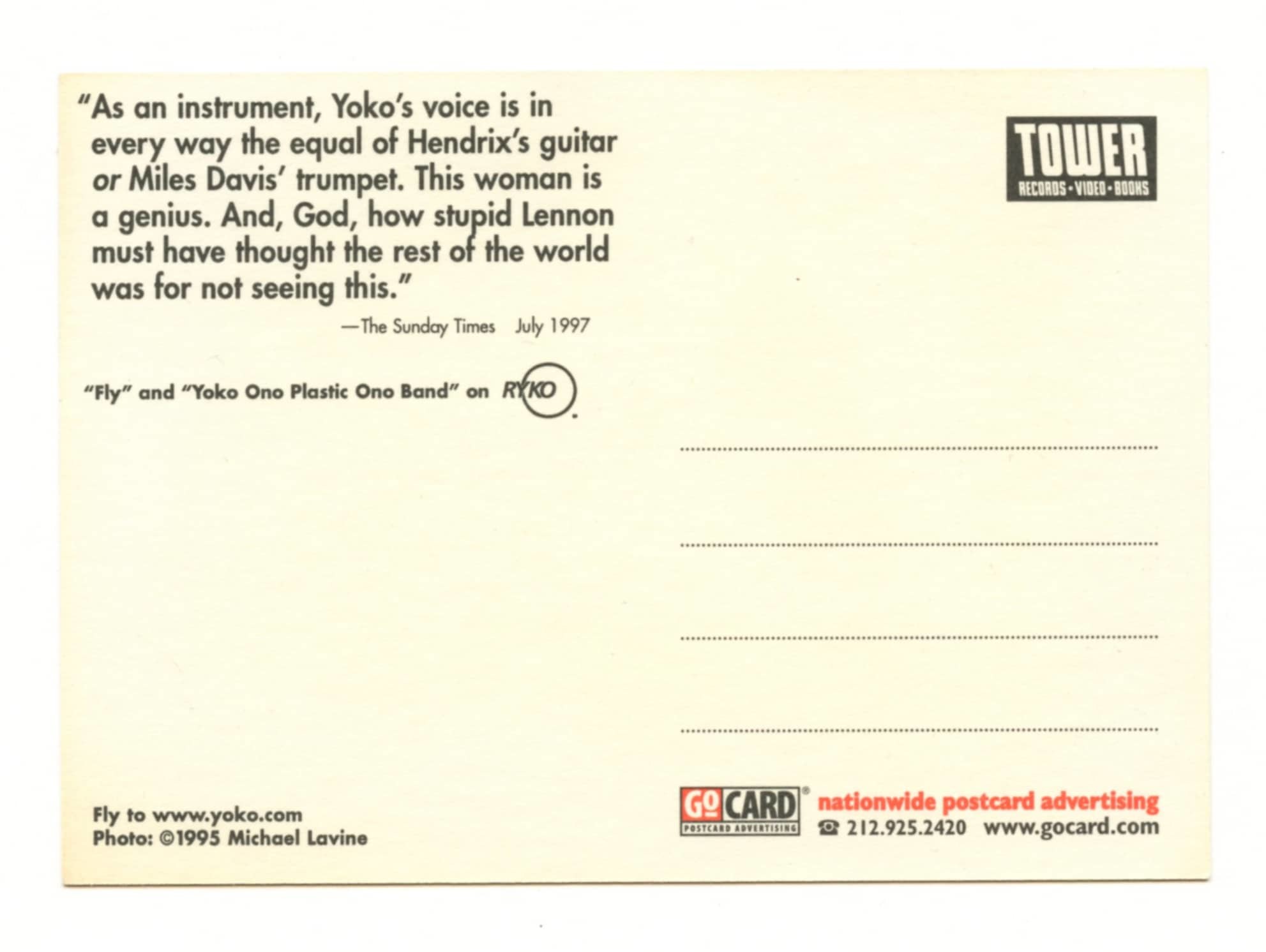 Yoko Ono Postcard A Story Album Promotion 1997 Rykodisc 