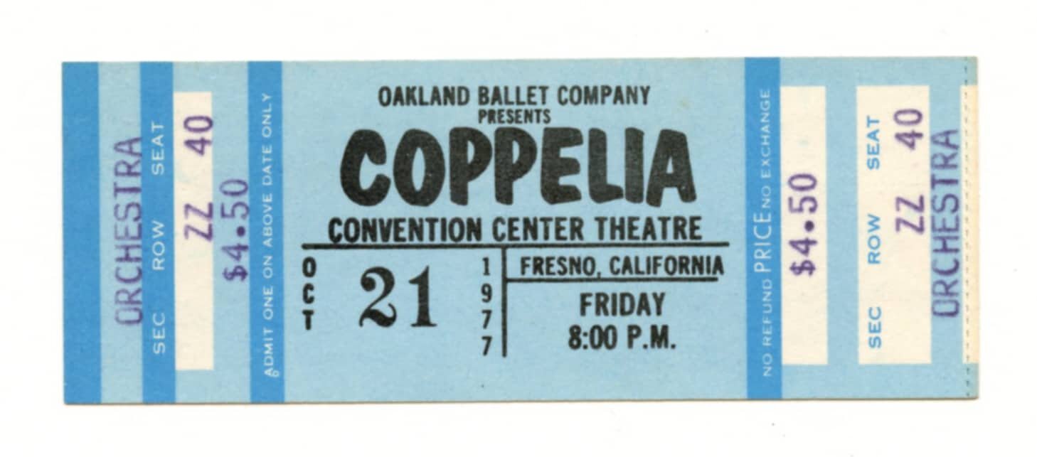 Coppelia Ticket Stub 1977 Oct 21 Convention Center Theatre Fresno