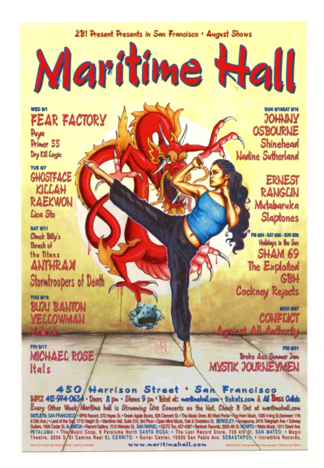 Maritime Hall 2001 Aug Handbill Fear Factory Johnny Osbourne Ghostface Mystic Journeymen
