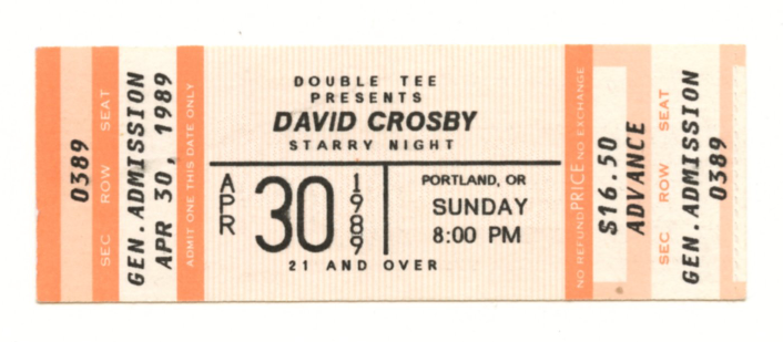 David Crosby Vintage Ticket 1989 Apr 30 Starry Night Portland 