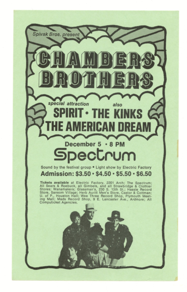 Chambers Brothers Spirit Kinks Handbill 1969 Dec 5 Spectrum Philadelphia