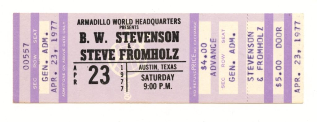 B.W. Stevenson Steve Fromholz Ticket Vintage 1977 Apr 23 Austin TX 