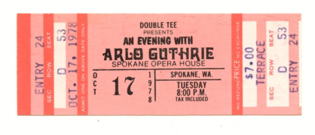 Arlo Guthrie Ticket Vintage 1978 October 17 Spokane Opera House