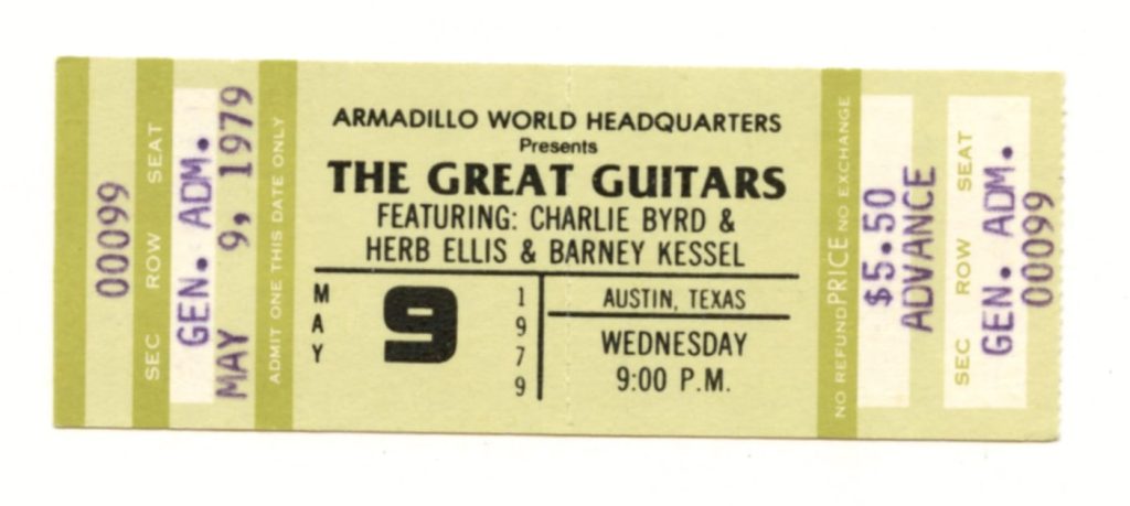 Charlie Byrd Herb Ellis Barney Kessel Vintage Ticket 1979 May 9 Austin Tx