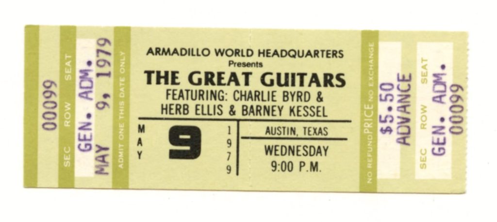 Charlie Byrd Herb Ellis Barney Kessel Ticket Vintage 1979 May 9 Austin Tx