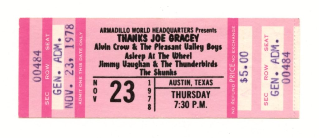 Alvin Crow Asleep At The Wheel Jimmy Vaughan Vintage Ticket 1978 Nov 23 Austin Tx