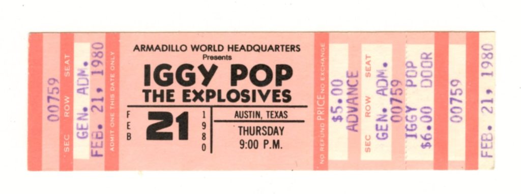 Iggy Pop Vintage Ticket 1980 Feb 21 Austin Tx 