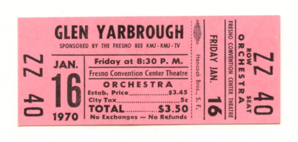 Glen Yarbrough Vintage Ticket Stub 1970 Jan 16 Fresno Convention Center