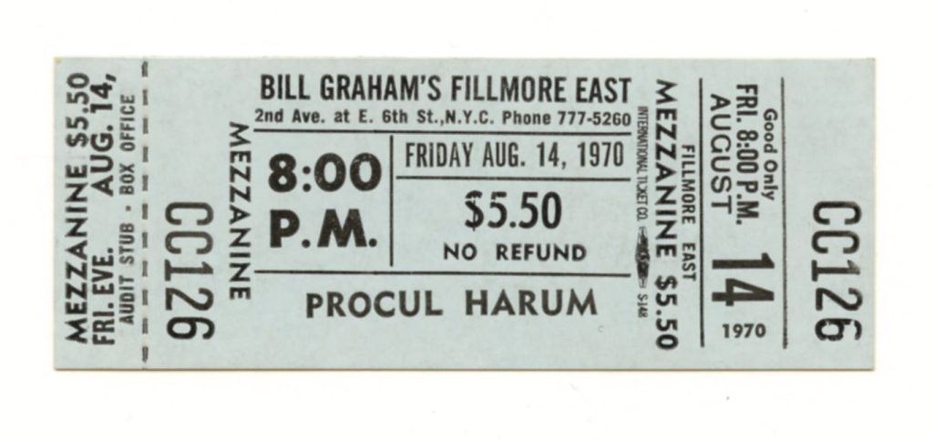 Procol Harum Ticket Vintage 1970 Bill Graham Fillmore East New York