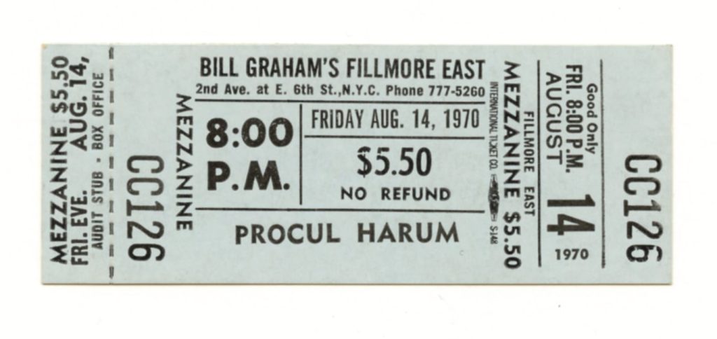 Bill Graham Fillmore East Vintage Ticket 1970 Aug 14 Procol Harum