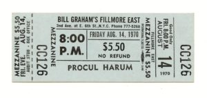 Procol Harum Ticket Vintage 1970 Bill Graham Fillmore East New York