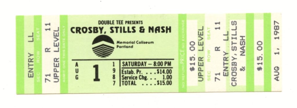 Crosby Stills and Nash Vintage Ticket 1987 Aug 1 Memorial Coliseum Portland 