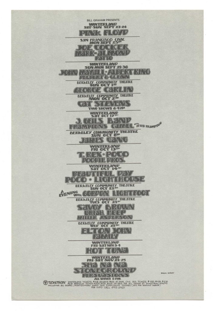Bill Graham Presents Postcard 1972 Sep Pink Floyd Joe Cocker Elton John