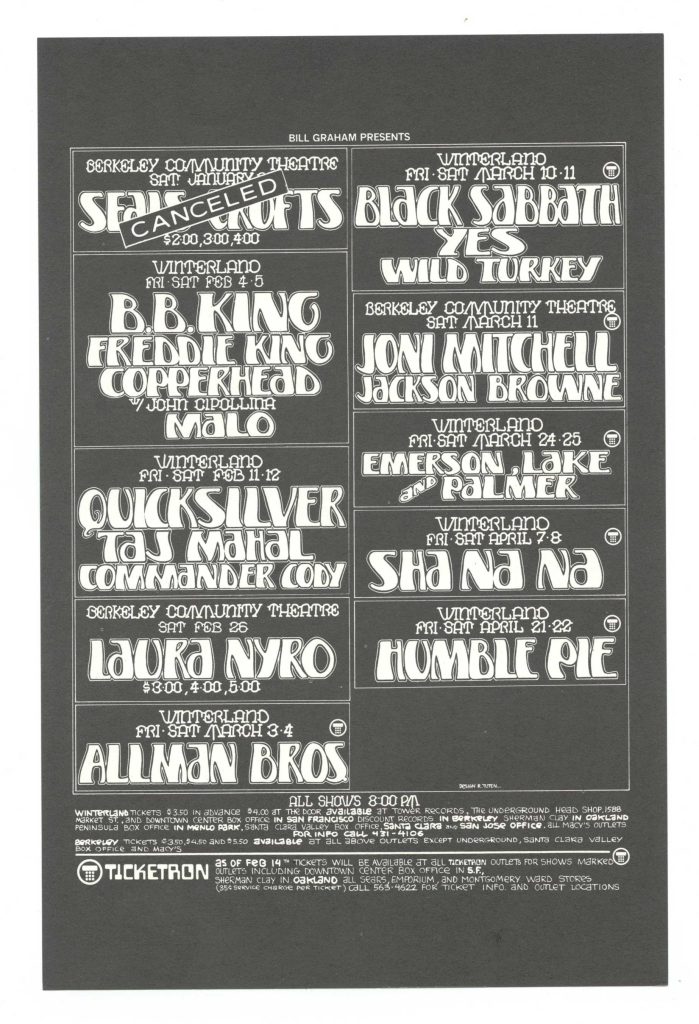 Bill Graham Presents Handbil 1972 Feb Black Sabbath Joni Mitchell Jackson Browne