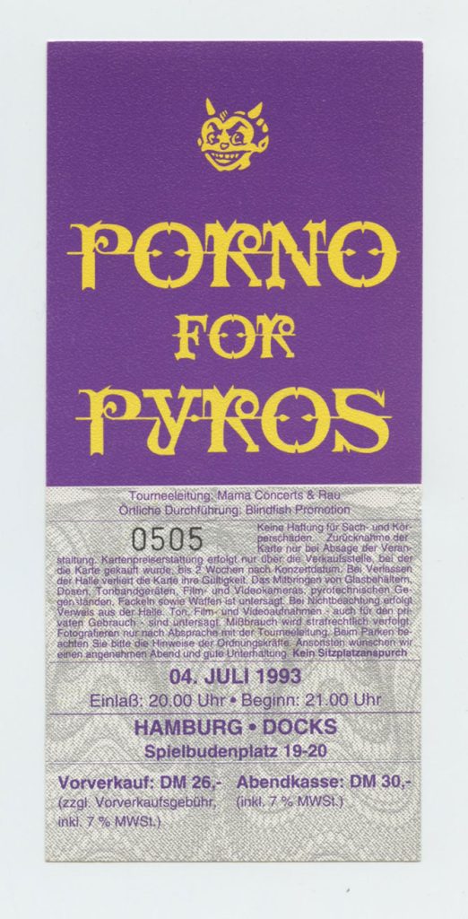 Porno For Pyros Ticket Vintage 1993 July 4 Hamburg Germany 