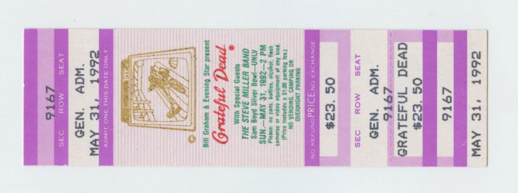 Grateful Dead Ticket Vintage 1992 May 31 Las Vegas Sam Boyd Silver Bowl 