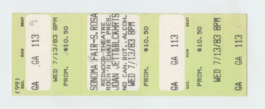 Joan Jett Ticket Vintage 1983 July 13 Sonoma Fairgrounds 