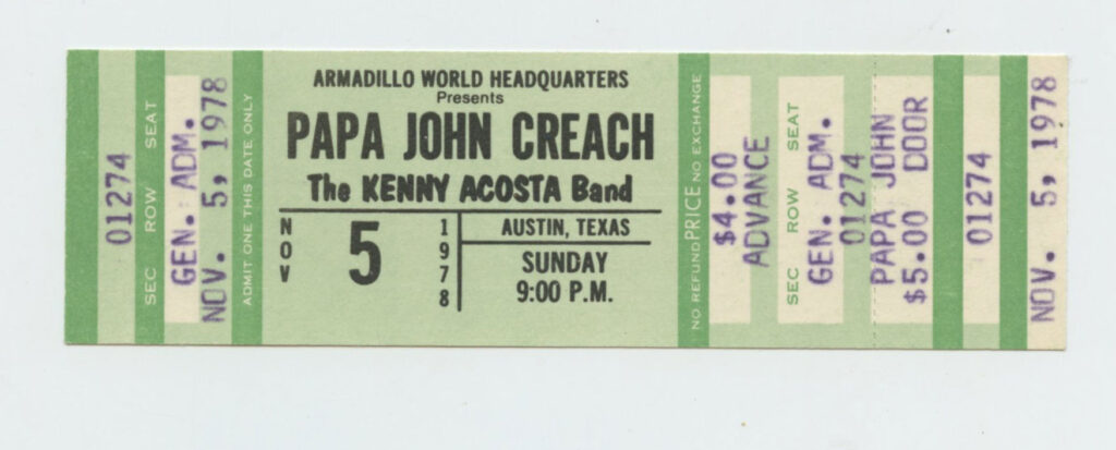 Papa John Creach Ticket Vintage 1978 November 5 Austin TX 