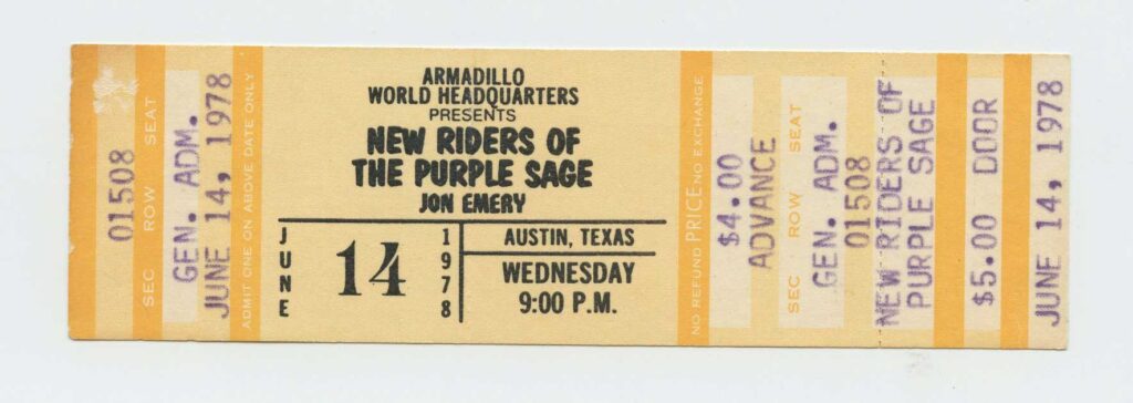 New Riders of the Purple Sage Ticket Vintage 1978 June 14 Armadillo World Headquarters Austin