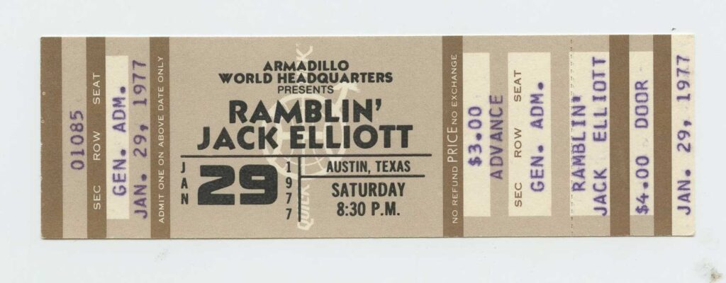 Ramblin' Jack Elliott Ticket Vintage 1977 January 29 Armadillo World Head Headquarters Austin