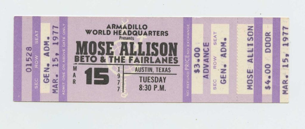 Mose Allison Ticket Vintage 1977 March 15 Armadillo World Headquarters